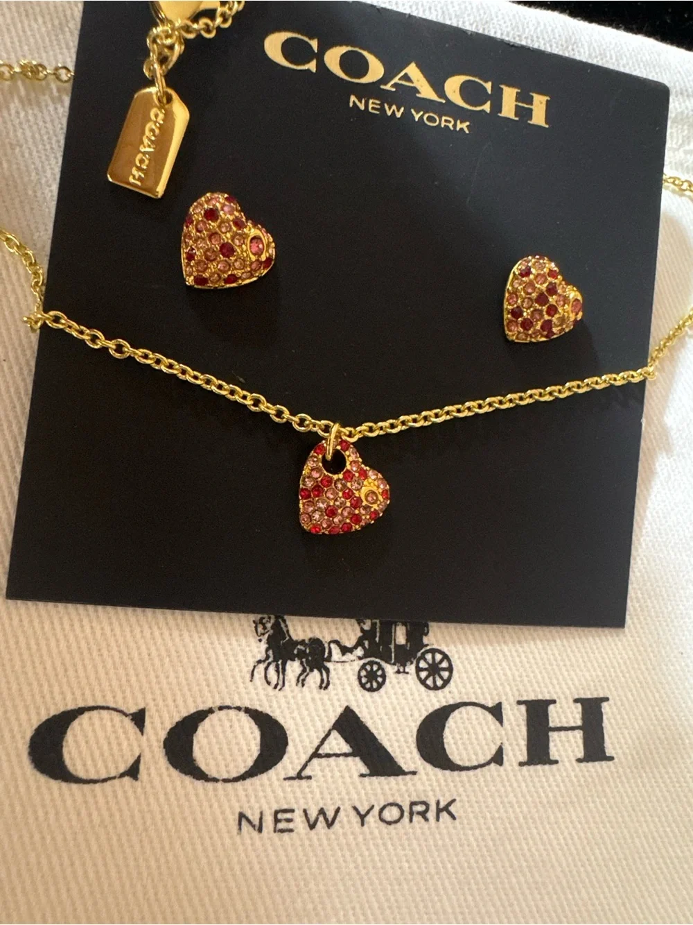 Coach Gold-Tone Red Crystal Heart Necklace & Stud Earrings